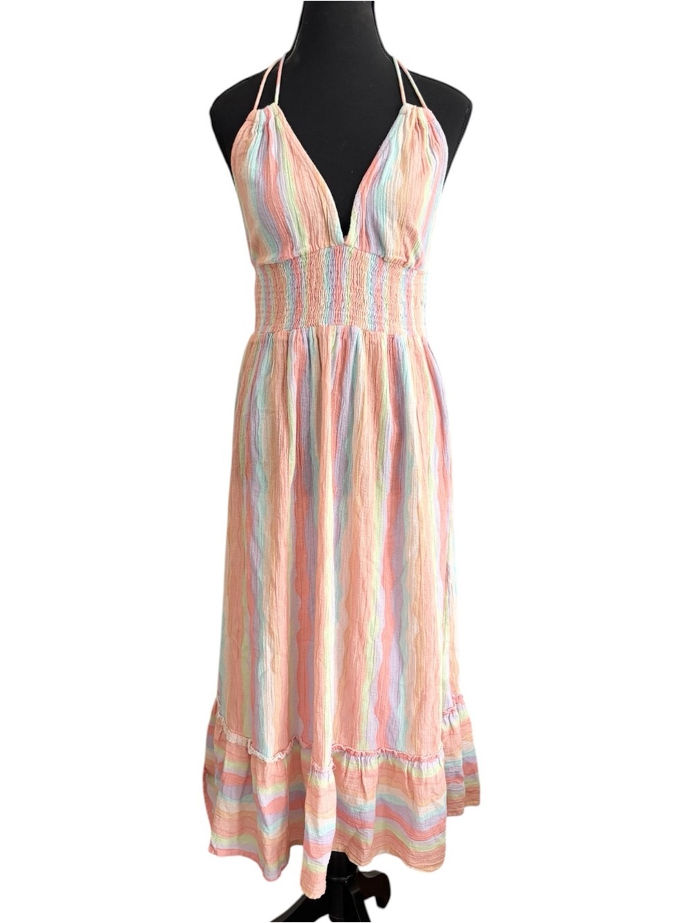 ZL Multicoloured Cotton Pastel Stripe Halter Maxi Dress